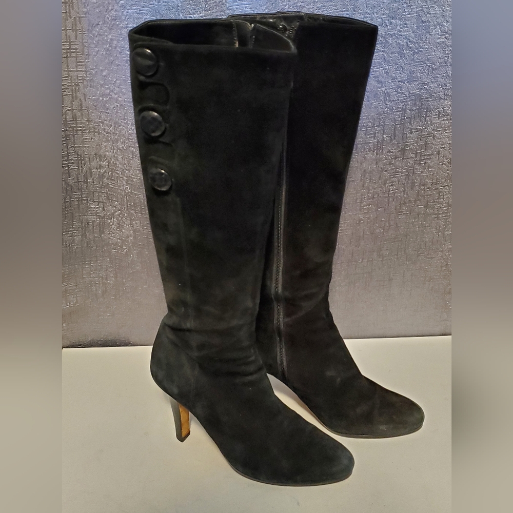 💥 COLE HAAN Air Aliya Black Suede Knee High Platform Heel Boots US Size 8.5